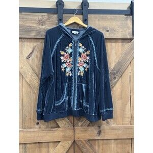 Time for Me Embroidered Velvet Full Zip Hoodie Blue, size Small